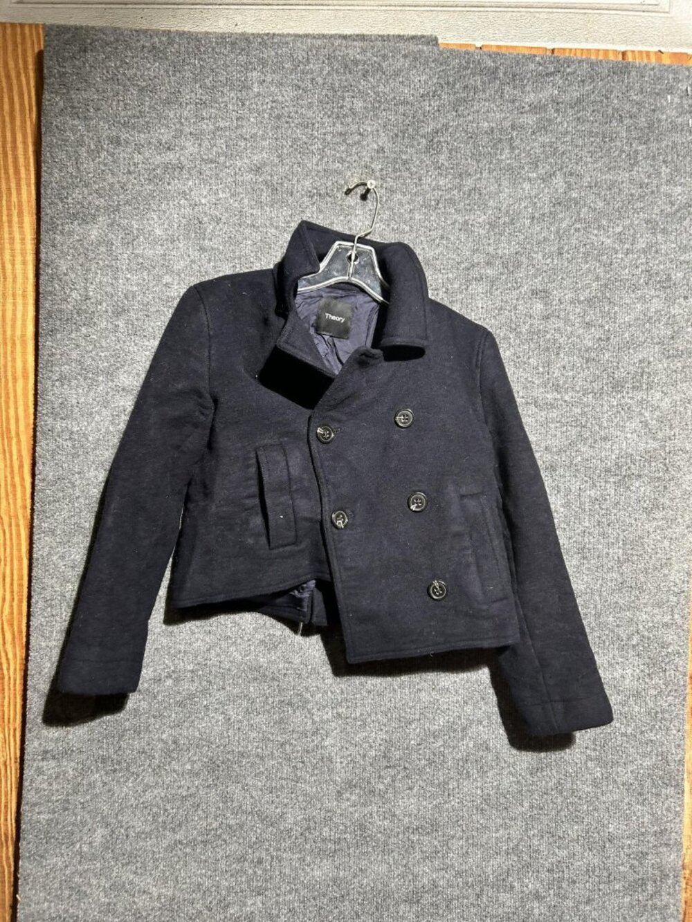 Theory Jacket Womens Small Navy Blue Wool Pea Coat Short Double Breasted Lined